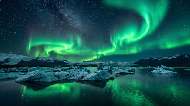 J kuls rl n glacier lagoon with vibrant northern lights display iceland