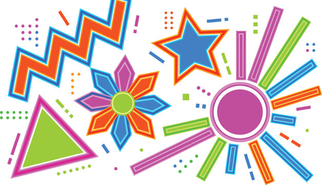 Neon Memphis Style Abstract Elements Set with Zigzag, Star, Flower, Triangle, and Sun Burst Vector Design Illustration