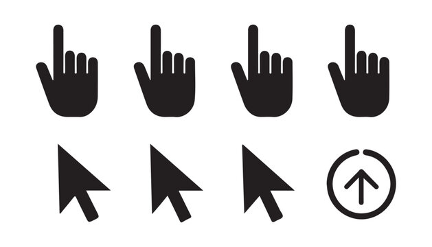 Graphic set of interface navigation icons featuring hand gestures and arrow mouse pointers designs.