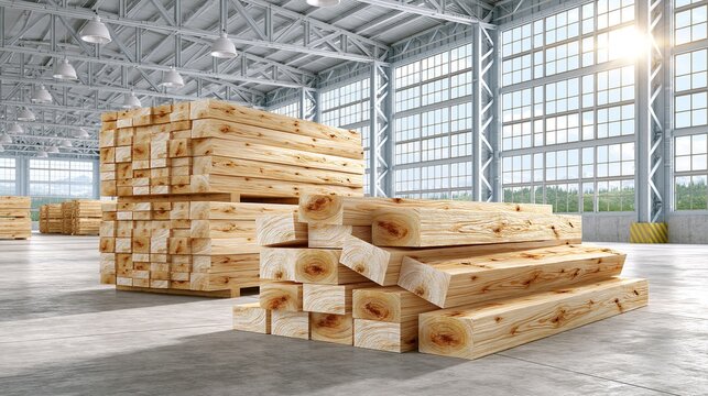 Stacked piles of cut natural solid wood lumber beams stored inside bright large industrial warehouse with big clear windows and green view outside