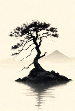 Lone Pine on a Rocky Islet, Japanese Ink Wash Minimalist Art Print, Indigo and Washi Off-White, Variation 1