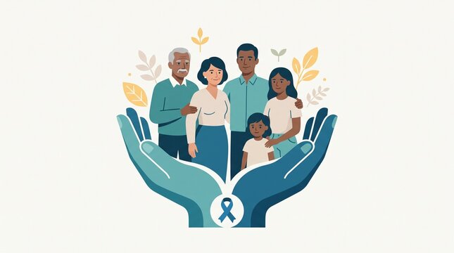 Family Group Held In Cupped Hands With Awareness Ribbon Vector Illustration