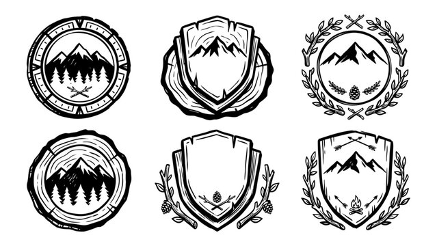 Rustic outdoor adventure badges vector set with mountains pine trees shields and wood slices for camping and hiking logos