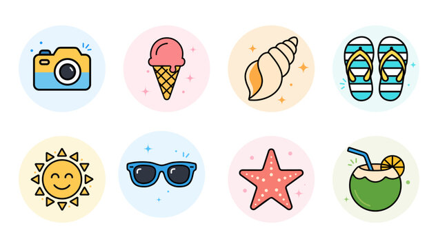 Summer Vacation Flat Icons Set with Camera, Ice Cream, Seashell, Flip Flops, Sun, Sunglasses, Starfish and Coconut Drink