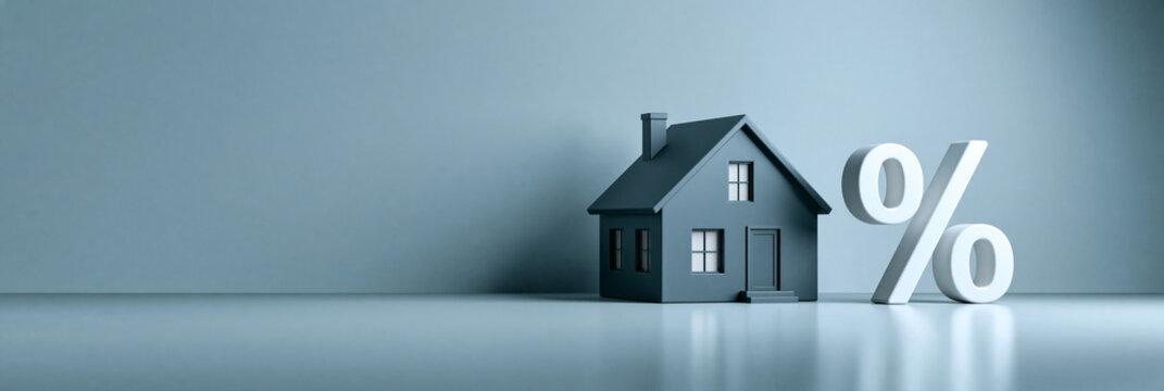 3D-Modell eines Hauses mit einem gro&szlig;en wei&szlig;en Prozentzeichen auf hellblauem Hintergrund. Konzept f&uuml;r Immobilienfinanzierung, Hypothekenzinsen und Hauskauf. Breites Banner mit Kopierraum.