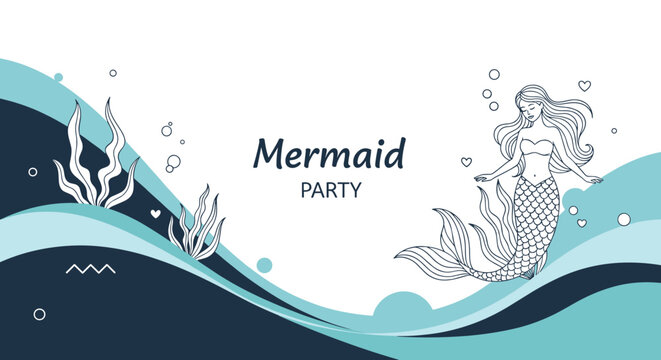 Underwater party invitation design featuring a beautiful mermaid illustration surrounded by sea plants and waves.