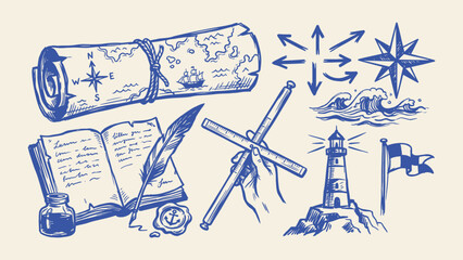 Vintage nautical navigation vector elements set including treasure map scroll lighthouse open journal quill pen and cross staff for maritime design © Artastic