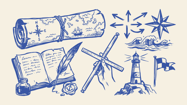 Vintage nautical navigation vector elements set including treasure map scroll lighthouse open journal quill pen and cross staff for maritime design