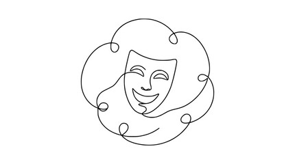 Obraz premium Continuous Line Drawing of a Happy Theater Mask with Curly Hair