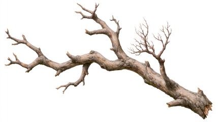 Fototapeta premium Detailed hand drawn illustration of dry leafless dead tree branch with rough bark texture isolated on plain clean white background as natural design element