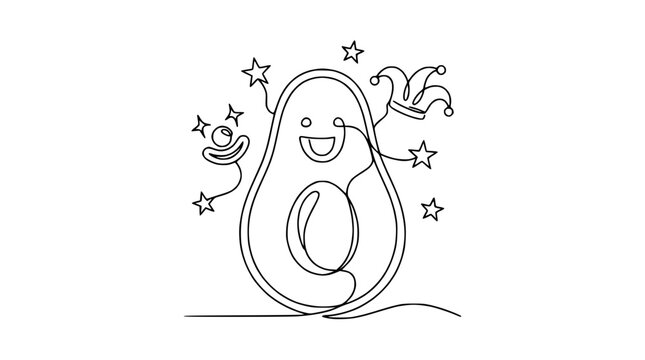Funny cartoon avocado character with jester hat and crown, hand-drawn one line art, white background.
