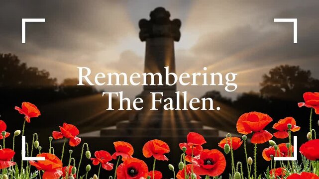 Solemn monument surrounded by vibrant poppies at sunrise, honoring remembrance