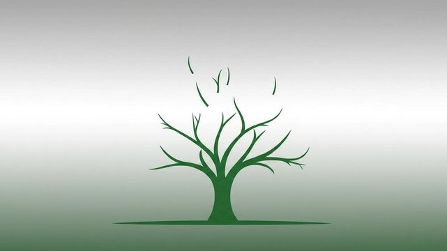 Animated stylized green tree losing leaves, representing nature's life cycle and environmental change.