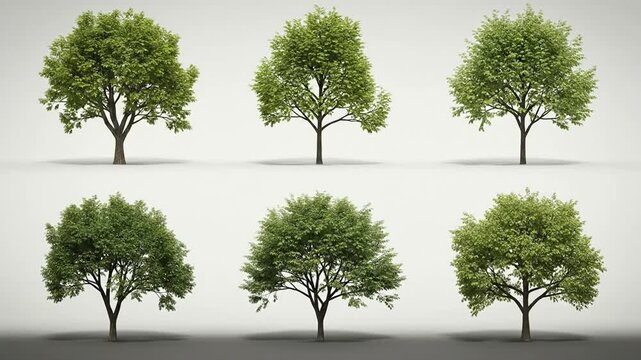 Collection of various deciduous green trees on white background