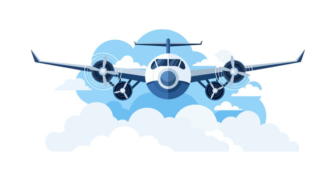 Flat Vector Illustration of a Four-Engine Propeller Airplane Flying Through Clouds Isolated on White Background