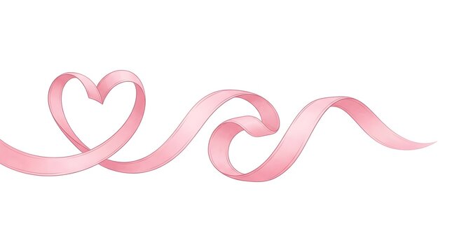 Breast cancer awareness pink ribbon forming a heart shape on a white background for love and valentines day
