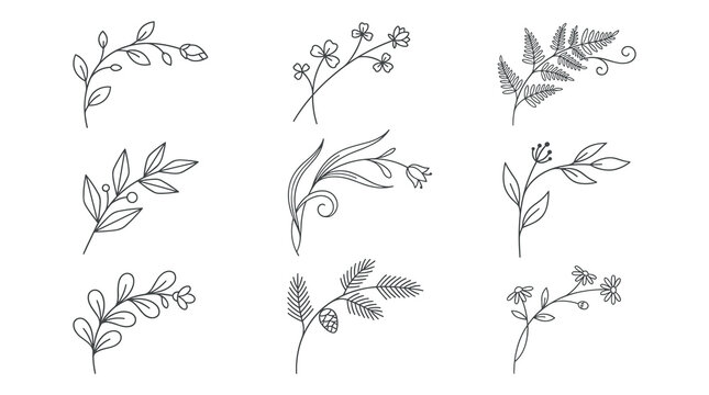 Collection of nine delicate floral vine corner elements, hand-drawn line art, simple botanical decorations, nature inspired accents, ornamental