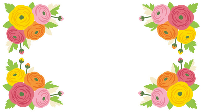 Decorative floral corner elements with colorful ranunculus flowers and green leaves, suitable for invitations and borders
