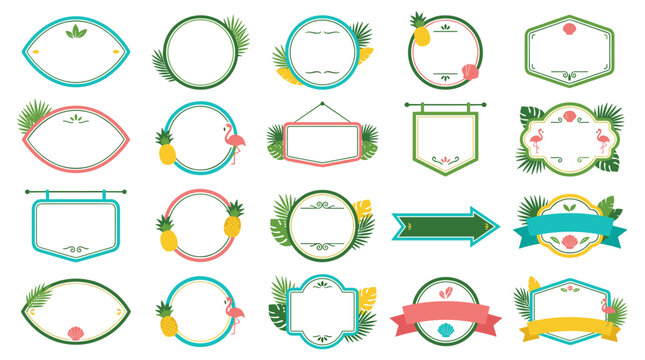 Collection of tropical frames and banners with pineapples and leaves, festive summer elements, decorative borders for text and design