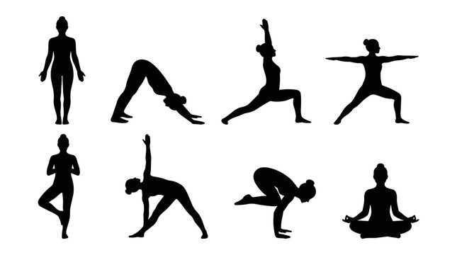 Collection of eight diverse black yoga silhouette poses on a white background, representing fitness and flexibility, including warrior, triangle