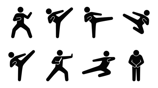Set of martial arts fighter icons demonstrating karate kicks and punches in silhouette on a white background, depicting combat sports and