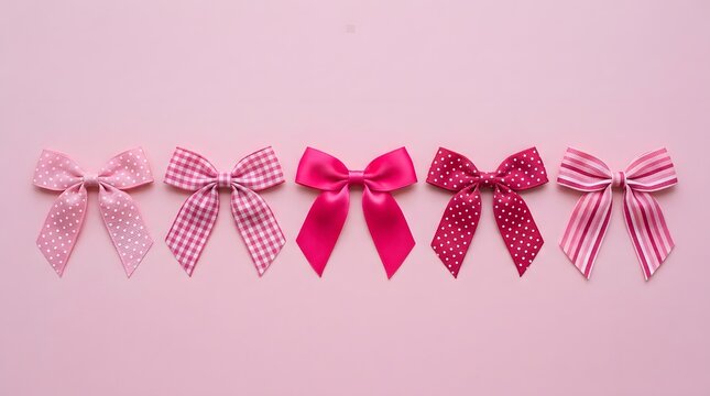 Breast cancer awareness collection of various pink bows on pastel pink background for decoration or gift wrapping