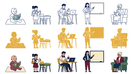 Fototapeta premium Collection of vector silhouettes representing education and learning, including students reading, teachers instructing, and group discussions, in