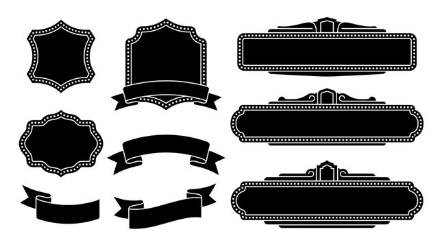collection of vintage marque frames and banner elements, ornamental black shapes with decorative borders, isolated on white background