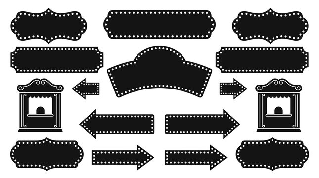 Vintage marquee frames and directional arrows in black, retro cinema signage elements for unique display banners, film festival decoration, and retro