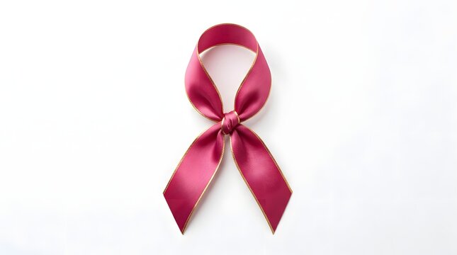 Breast cancer awareness pink ribbon with gold trim on white background symbolizing breast cancer awareness and support