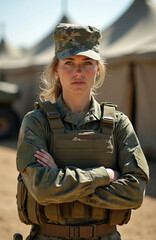 Fototapeta premium Woman soldier in camouflage uniform and body armor stands with crossed arms. Military base tents and vehicle in background. She looks at the camera with serious expression, ready for duty.