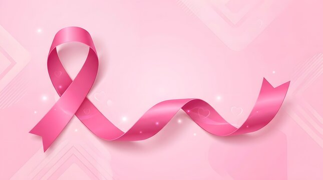Breast cancer awareness pink ribbon on a pink background with sparkles and hearts for breast cancer awareness campaign