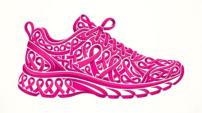 Breast cancer awareness vibrant pink running shoe made of breast cancer awareness ribbons on white background