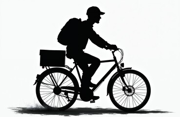 Fototapeta premium Black silhouette of a man riding a bicycle with a backpack and a cargo box on the back. The cyclist pedals quickly on a road kicking up dust, moving with speed and purpose.