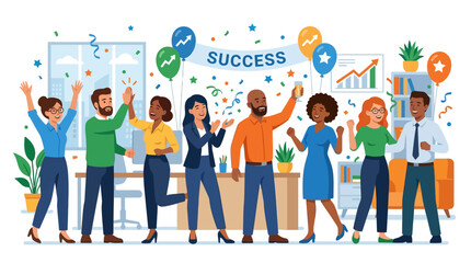 Obraz premium Diverse business team celebrating success with balloons and confetti in office