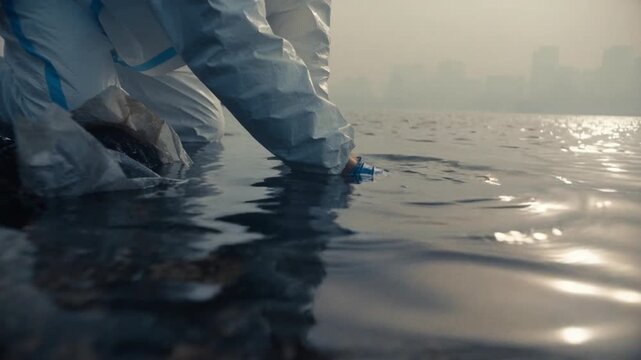 Close up shows worker removing waste from calm water near urban waterfront. Blue gloves and protective clothing emphasize environmental conservation and cleanup effort.