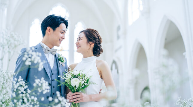 チャペルで見つめ合う笑顔の新郎新婦　ブライダルフォトと結婚式イメージ