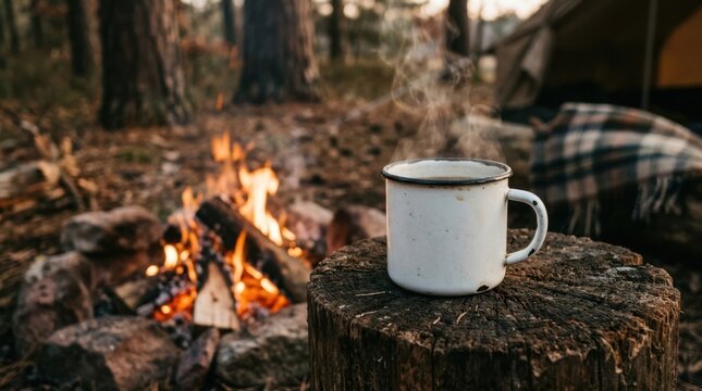 Cozy morning coffee by a campfire in a serene forest setting