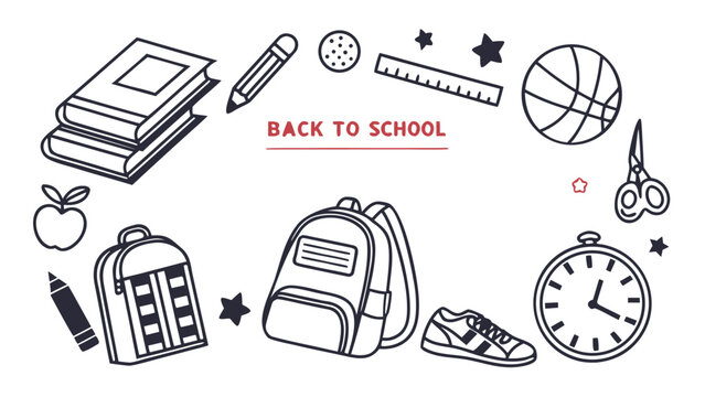 Vector illustration back to school supplies doodle set with backpack, books, pencil, ruler, scissors, apple, and clock