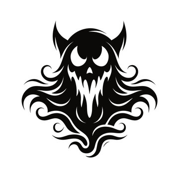 Demonic shadow monster silhouette, aggressive ghost spirit with sharp teeth and horns, dark horror creature vector icon for gaming and halloween