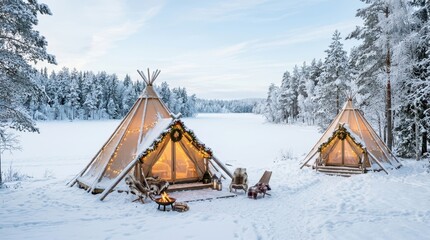 Cozy winter glamping experience with decorated teepees and a campfire in snowy forest © mashimara