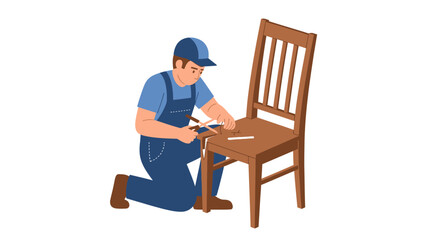 Fototapeta premium Professional Carpenter Repairing a Wooden Chair Vector Illustration - Handyman in Blue Overalls Fixing Furniture