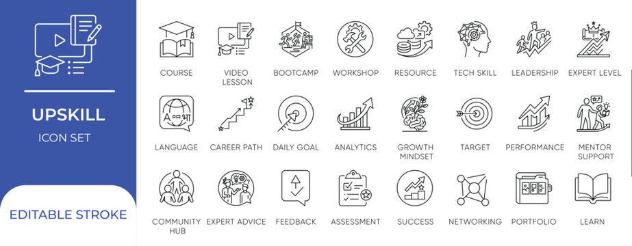 Upskill and Career Development E-Learning Vector Line Icon Set for Online Course, Mentorship, and Tech Skills
