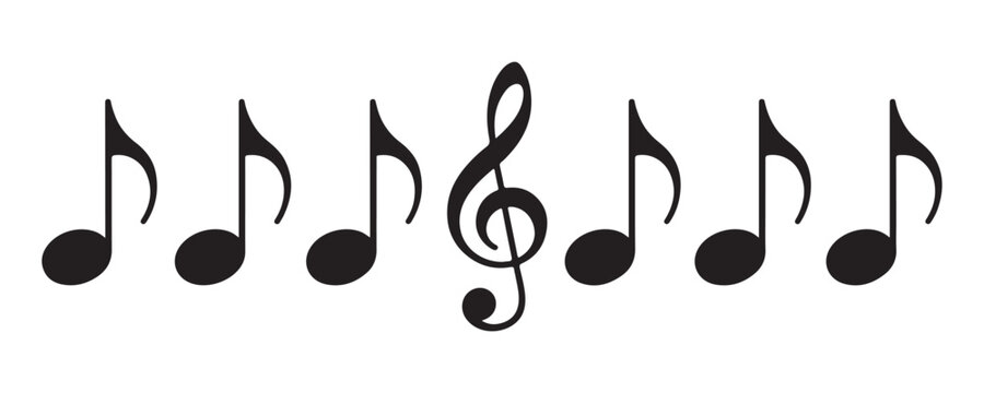 Row of isolated musical notes and treble clef symbol on transparent background vector design.
