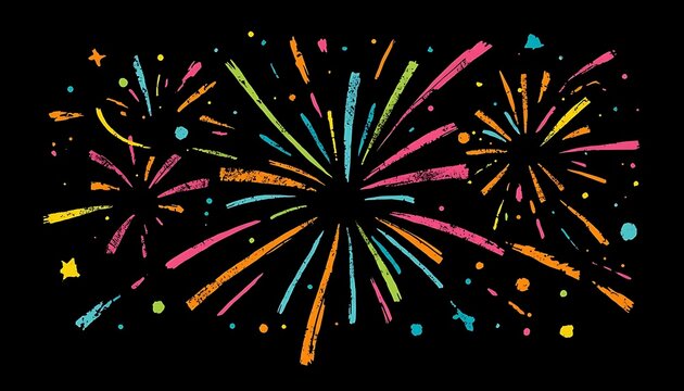 Colorful hand drawn firework bursts on a black background, with bright neon, lines and scattered dots