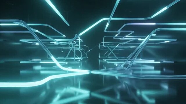 Abstract glowing cyan neon light tubes in dark 3D space an immersive