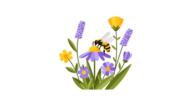 Flat Vector Illustration of a Honeybee Pollinating Wildflowers and Lavender on a White Background