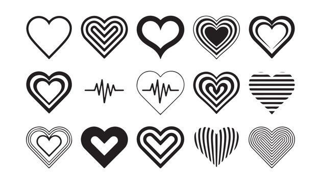 Set of fifteen diverse black heart icons with various intricate patterns and designs on a transparent background.