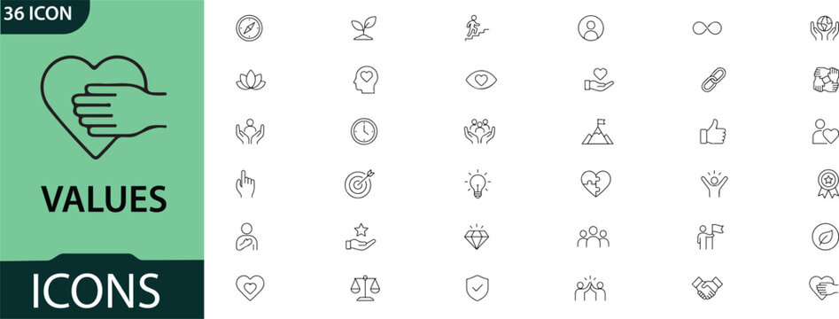 Collection of 36 line style values icons for design and branding