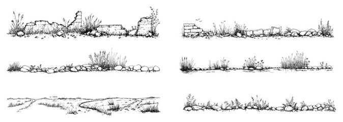 Ancient ruins and old stone wall borders with overgrown vegetation in engraving style © Kaz